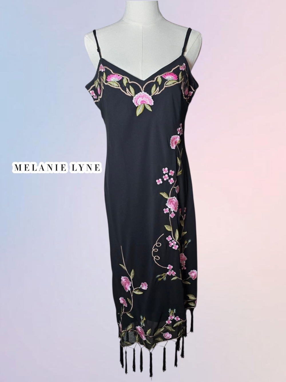 Y2K ⭐️ MELANIE LYNE Black Midi Slip Dress with Pink Floral Embroidery - 12